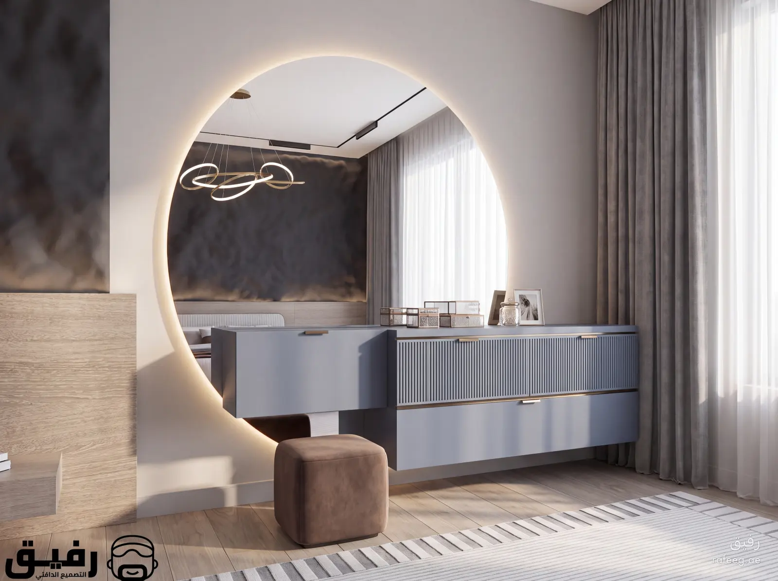منظور 4 يوضح تفاصيل تصميم غرفة نوم مودرن أزرق داكن