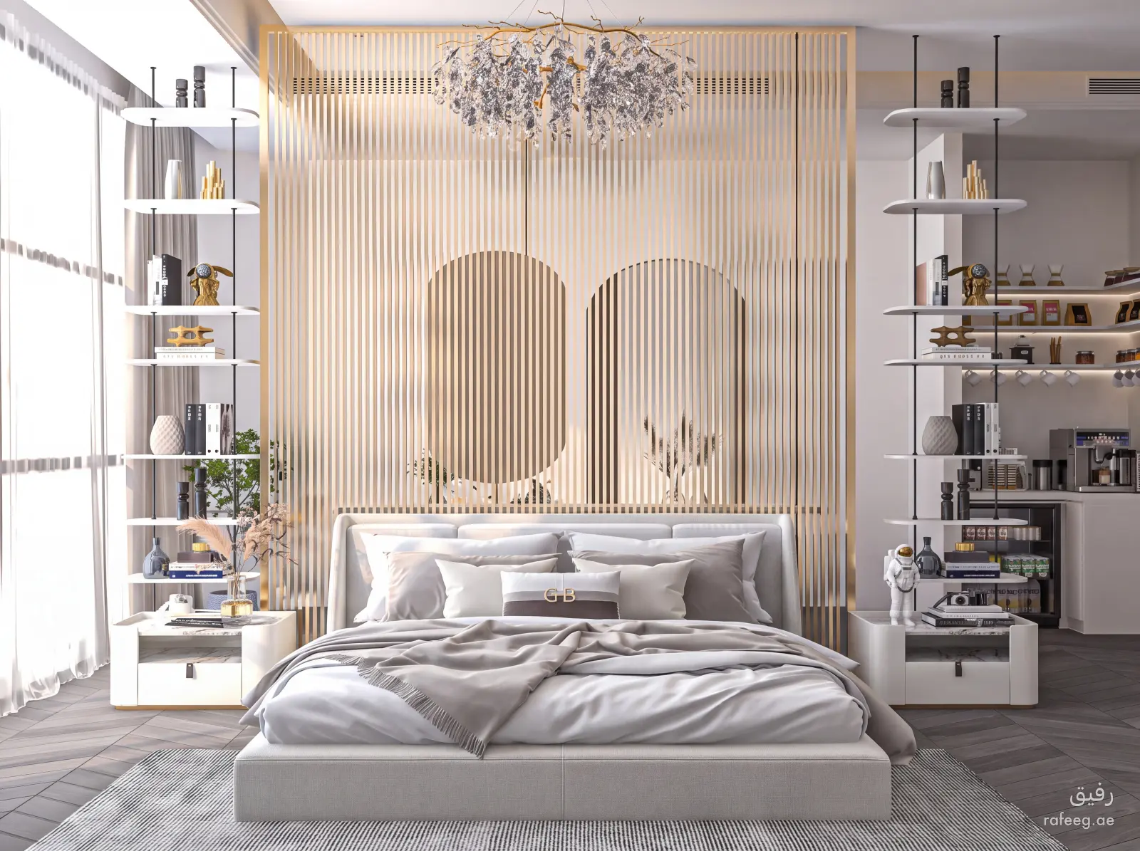 منظور 3 يوضح تفاصيل تصميم غرفة نوم مودرن أبيض