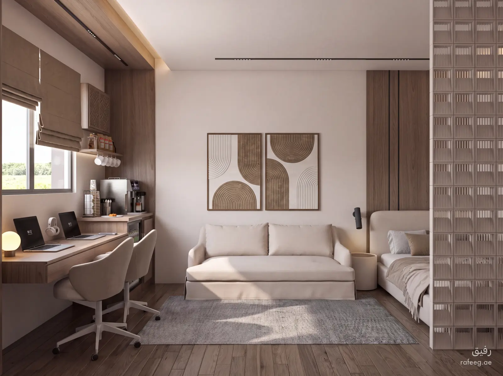 منظور 2 يوضح تفاصيل تصميم غرفة ملابس معاصر بيج