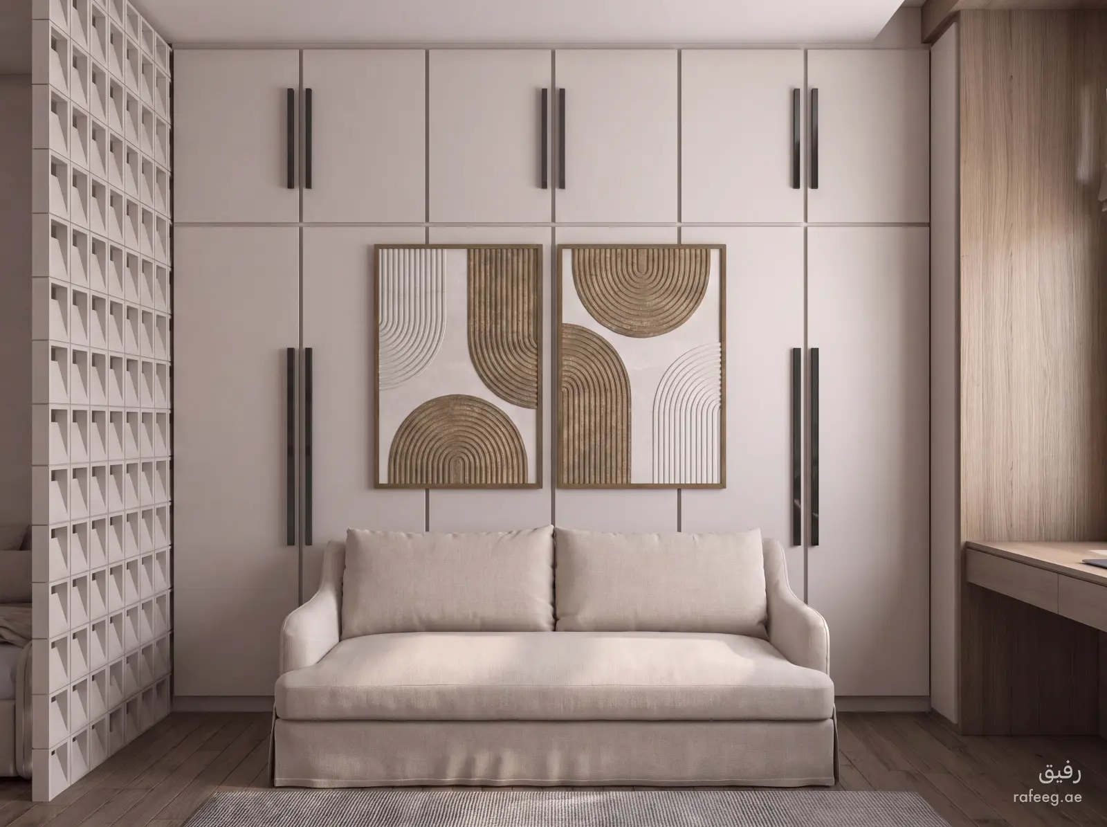 منظور 3 يوضح تفاصيل تصميم غرفة ملابس معاصر بيج