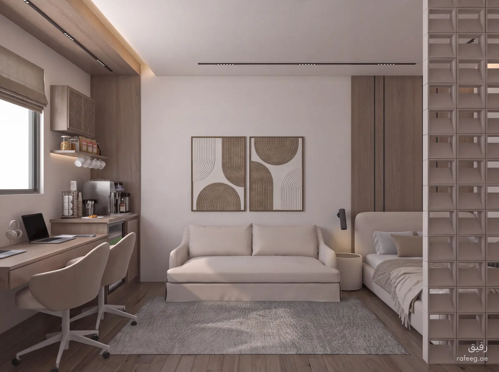 منظور 4 يوضح تفاصيل تصميم غرفة ملابس معاصر بيج