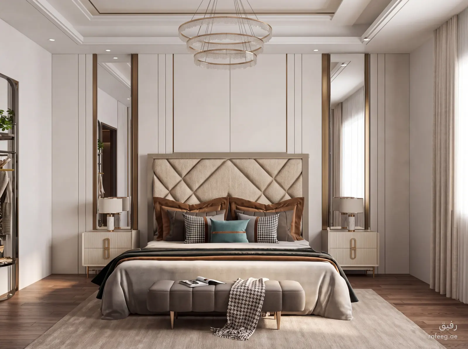 منظور 3 يوضح تفاصيل تصميم غرفة ملابس معاصر بني