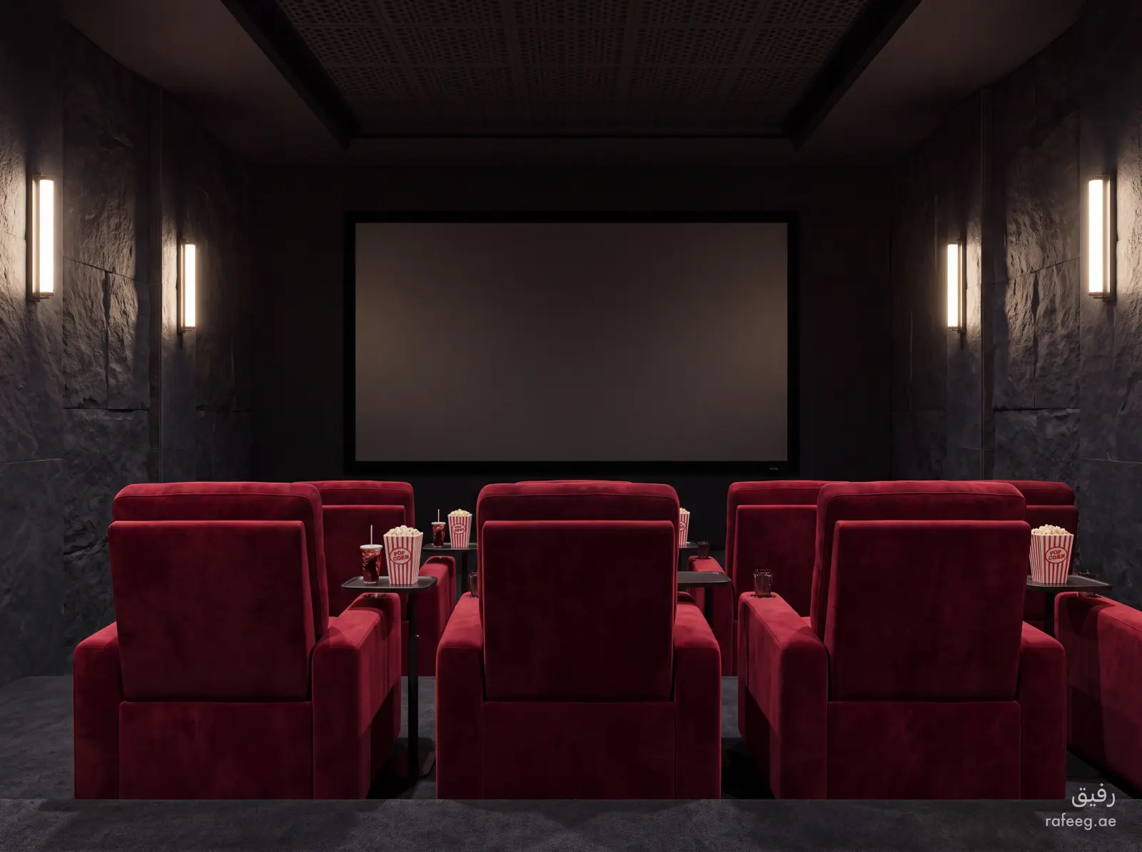 منظور 3 يوضح تفاصيل تصميم سينما منزلية معاصر أسود